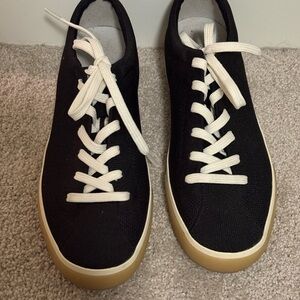 Rothy's The Lace Up Sneaker Black with Cream Laces and Tan Sole